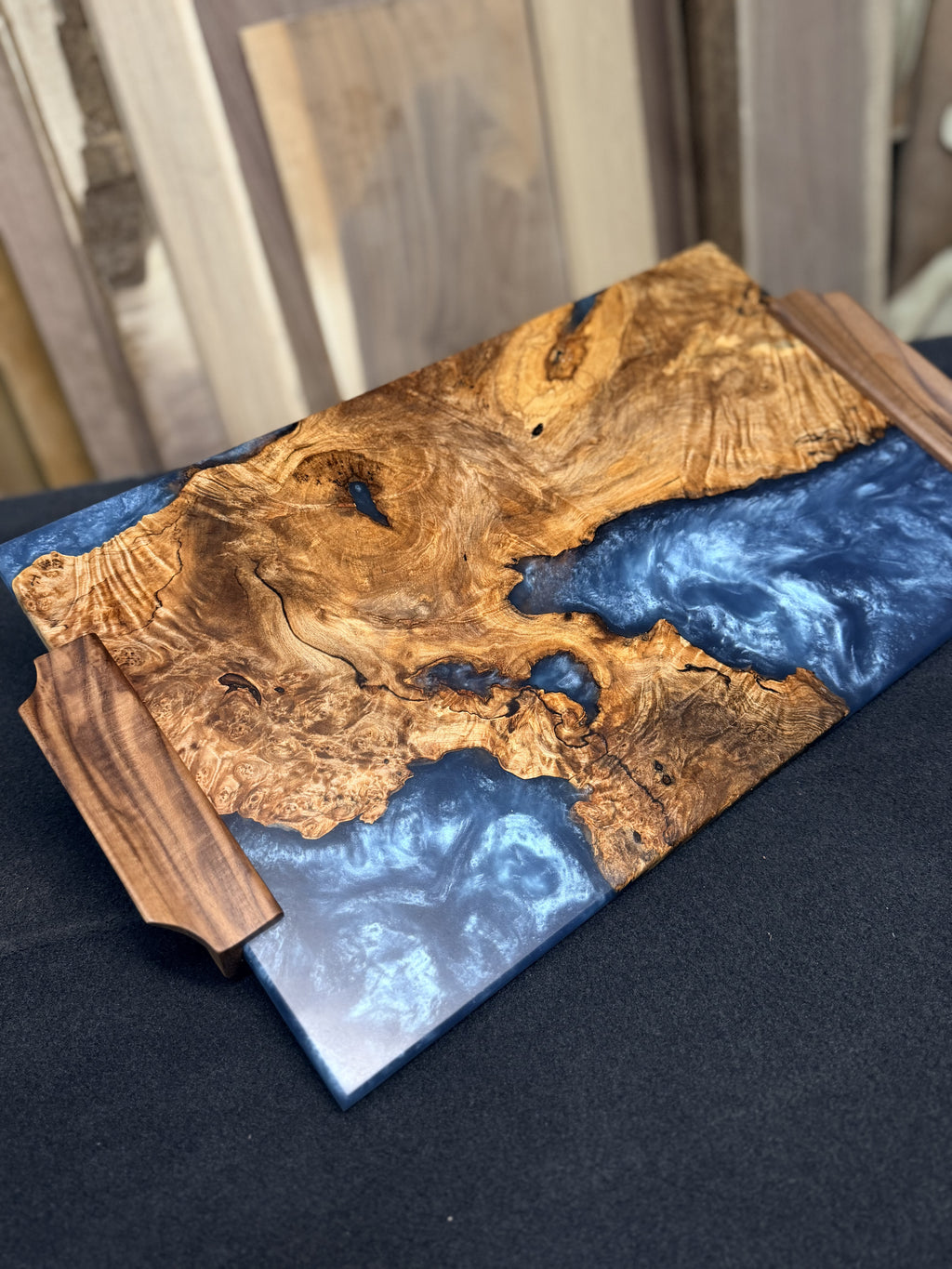 Myrtle Wood Blue Resin Board with Walnut Handle Serving Tray