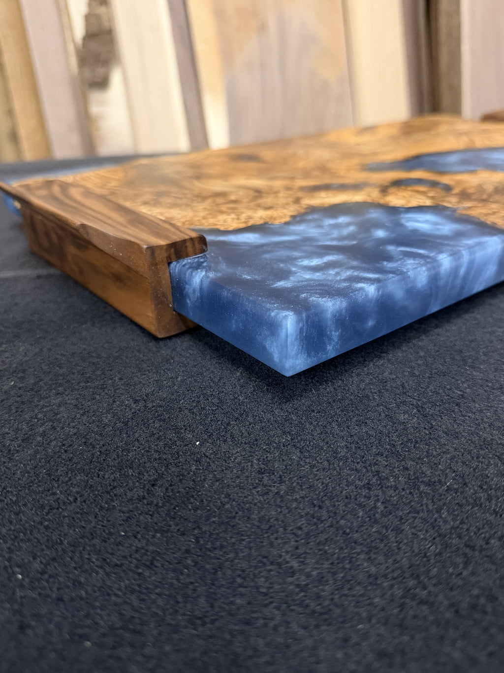 Myrtle Wood Blue Resin Board with Walnut Handle Serving Tray