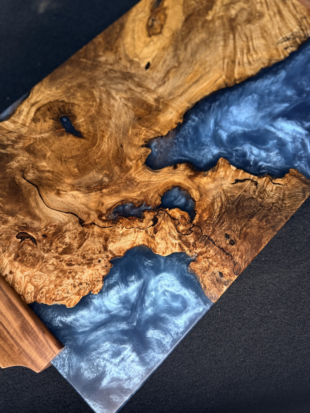 Myrtle Wood Blue Resin Board with Walnut Handle Serving Tray